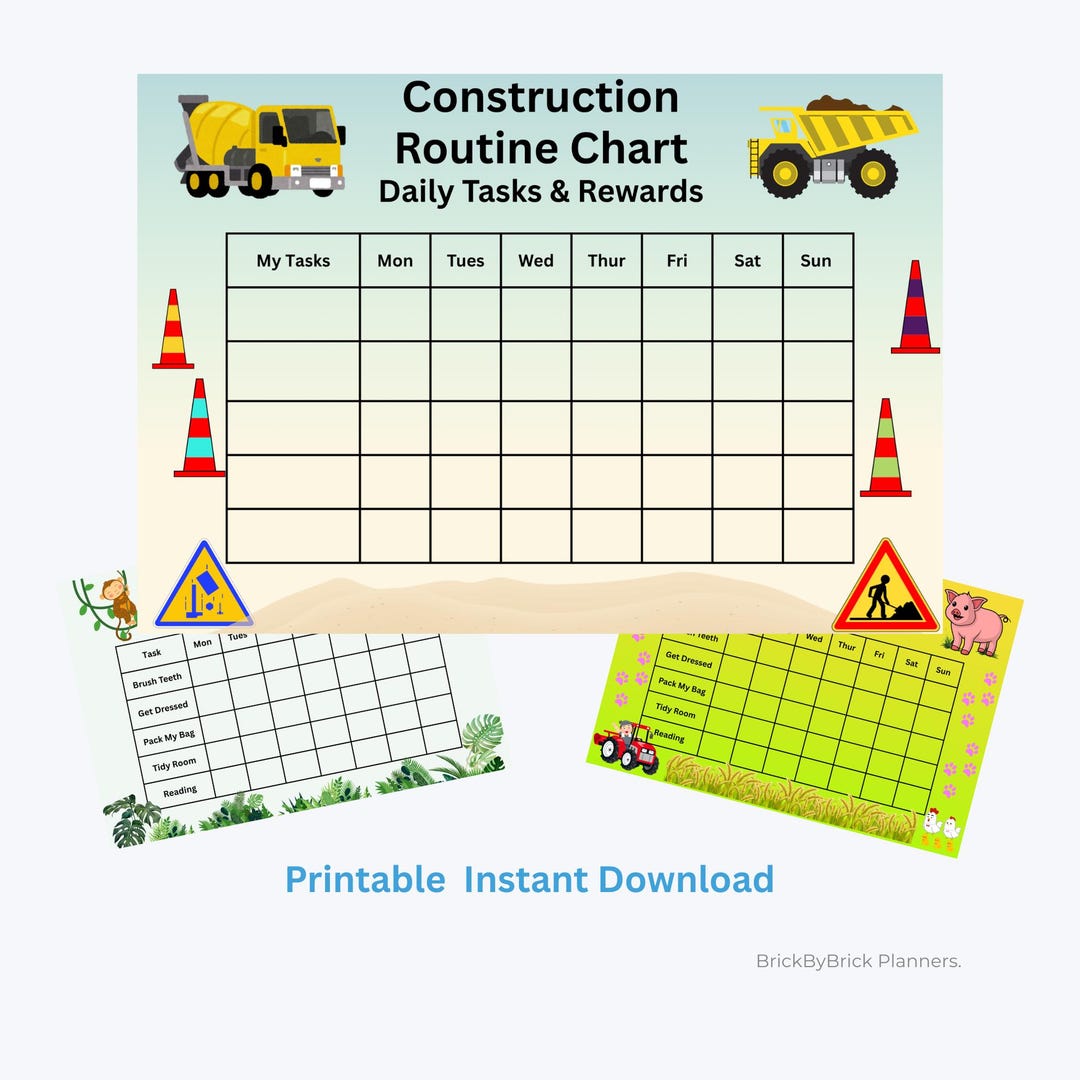 Kids Routine Chart Printable Bundle – Construction Jungle Farm, Chore ...