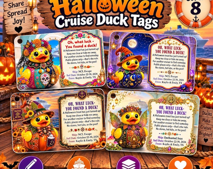 Personalized Halloween Cruise Duck Tags, Custom Ship Name, Sail Date (Set of 8)