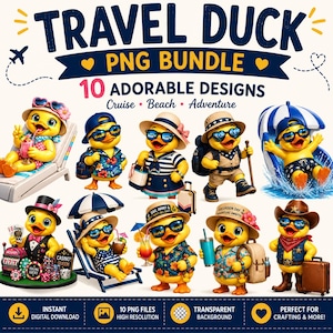 Puede incluir: Una colección digital de 10 ilustraciones de patos amarillos titulada TRAVEL DUCK PNG BUNDLE. Los patos aparecen con diversos atuendos de viaje para cruceros, playa y aventura, incluyendo accesorios como gafas de sol, sombreros y equipaje.