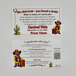 Two white rectangular cards with red text and cowboy duck illustrations, featuring Carnival Vista cruise details from Texas and a QR code.