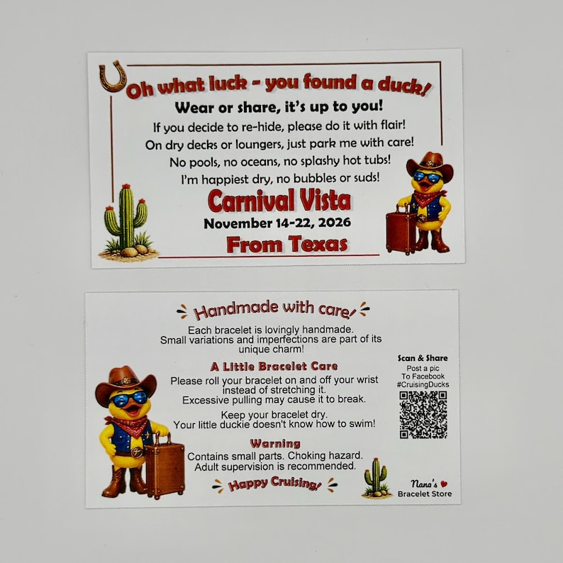 Two white rectangular cards with red text and cowboy duck illustrations, featuring Carnival Vista cruise details from Texas and a QR code.