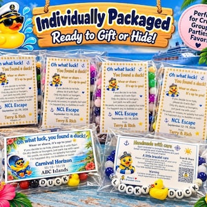 Several individually packaged cruise duck bracelets in clear bags, each featuring personalized tags with tropical designs.