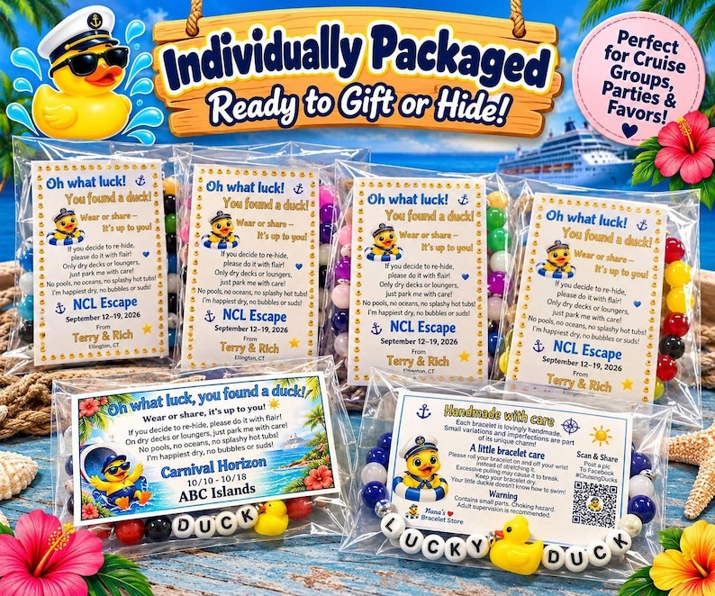 Several individually packaged cruise duck bracelets in clear bags, each featuring personalized tags with tropical designs.