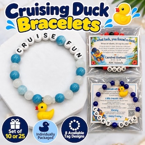 A handmade beaded cruise bracelet featuring blue and white beads and a yellow duck charm, displayed alongside individually packaged sets.