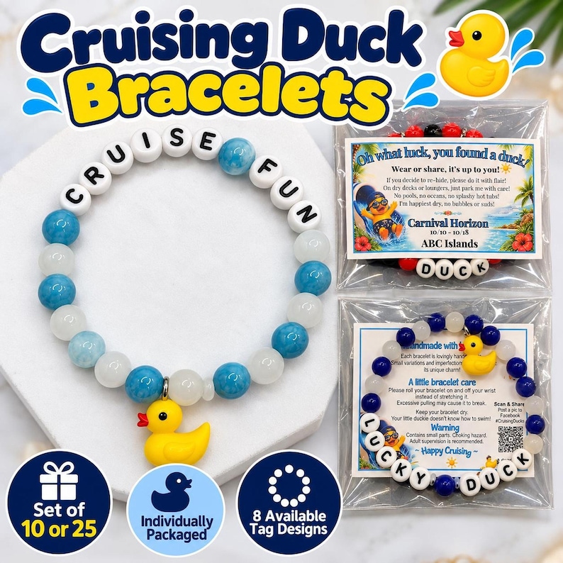 A handmade beaded cruise bracelet featuring blue and white beads and a yellow duck charm, displayed alongside individually packaged sets.