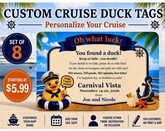 Personalized Cruise Duck Tags, Set of 8, Cardstock or Laminated (Customizable)