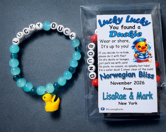 Featured listing image: Cruise Ducks Bracelet, Beaded Stretch Bracelet with Mini Duck Charm, Cruise Duck Gift for Hiding Game, Cabin Gift Exchange, Custom Tag