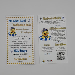 Two vertical white rectangular cards with blue text and sailor duck illustrations in inner tubes, featuring NCL Escape cruise details and a QR code.