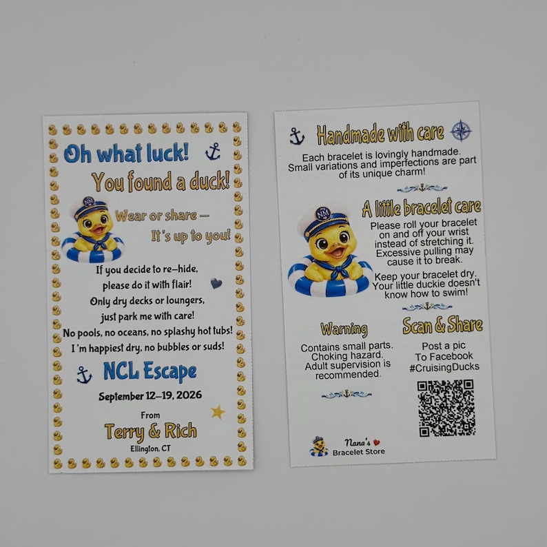 Two vertical white rectangular cards with blue text and sailor duck illustrations in inner tubes, featuring NCL Escape cruise details and a QR code.
