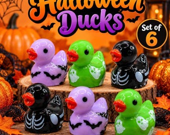 Mini Halloween Ducks Set of 6 – Skeleton, Ghost, Bat, Cruise Hiding, Optional Hooks