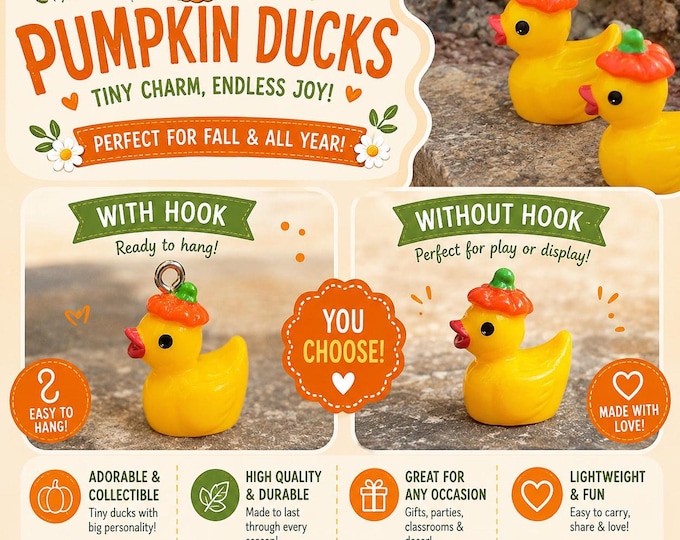 Mini Duck Charm Set of 10 Pumpkin Resin with or without Eye Hooks