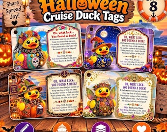 Personalized Halloween Cruise Duck Tags, Custom Ship Name, Sail Date (Set of 8)