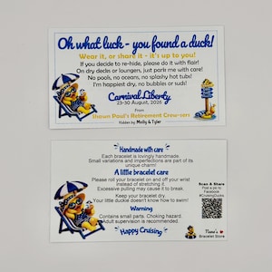 Two white rectangular cards with blue text and blue duck illustrations wearing swimsuits and sun hats, featuring Carnival Liberty cruise details and care instructions.