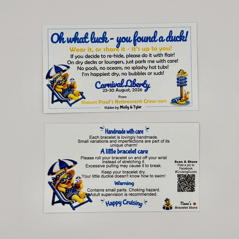 Two white rectangular cards with blue text and blue duck illustrations wearing swimsuits and sun hats, featuring Carnival Liberty cruise details and care instructions.