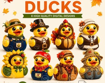 Fall Duck Clipart Bundle, Adorable Autumn Rubber PNG for Thanksgiving Crafts