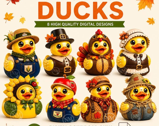 Fall Duck Clipart Bundle, Adorable Autumn Rubber PNG for Thanksgiving Crafts