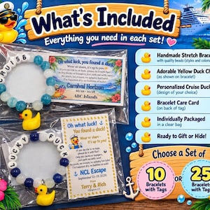An informational graphic detailing the components included in each cruise duck bracelet set and purchase options.