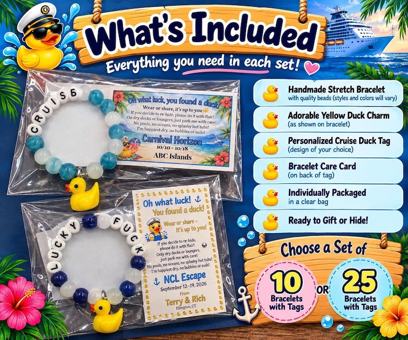 An informational graphic detailing the components included in each cruise duck bracelet set and purchase options.