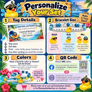 An informational graphic explaining how to personalize the bracelet set by selecting tag details, bracelet sizes, colors, and QR code options.
