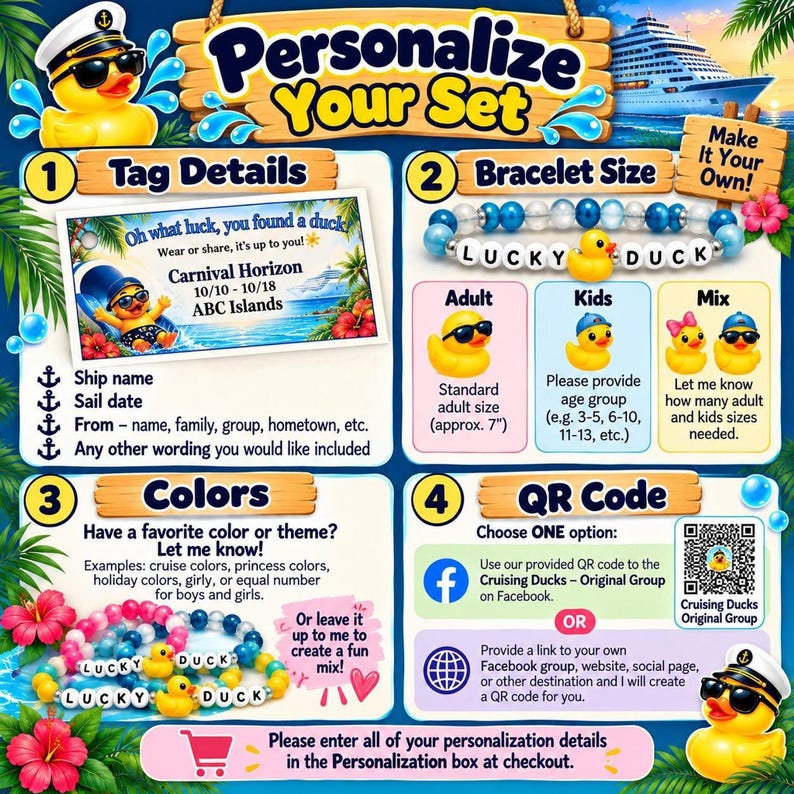 An informational graphic explaining how to personalize the bracelet set by selecting tag details, bracelet sizes, colors, and QR code options.