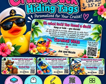 Personalized Cruise Duck Tags – Choose from 4 Designs | Laminated, QR Code Optional, Set of 10