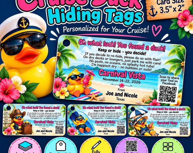 Personalized Cruise Duck Tags – Choose from 4 Designs | Laminated, QR Code Optional, Set of 10