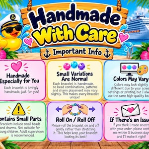 An informational graphic detailing important product care notes, handmade details, and customer service policies.