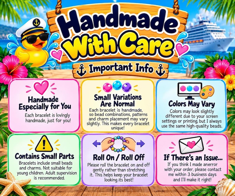 An informational graphic detailing important product care notes, handmade details, and customer service policies.