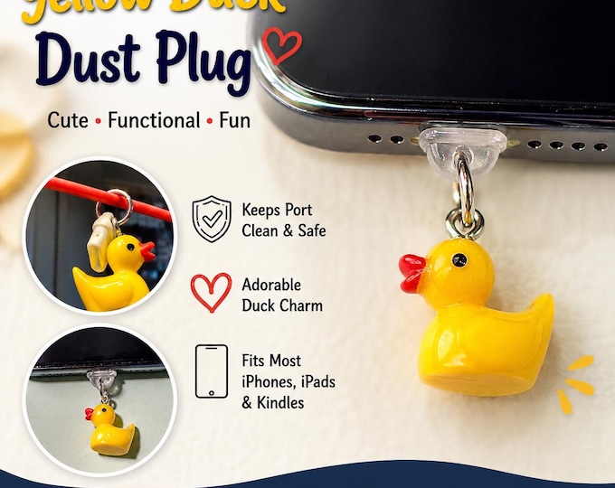 Yellow Duck USB-C Dust Plug Charm – Phone, iPad & Kindle Accessory – Tiny Ducky Charm