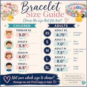 A bracelet size guide graphic detailing sizing options and measurements for children and adults.