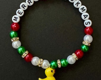 Holiday Cruise Stretch Bead Bracelet: Cabin Gift Exchange, personalizable, handmade, Yellow Rubber Duck Charm