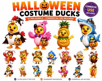 Halloween Ducks PNG Bundle, 14 Whimsical Costume Designs for Crafting