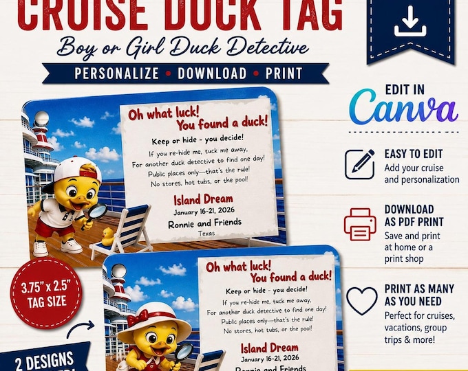 Editable Cruise Duck Tag Canva Template | Boy Girl Detective Designs (Digital Download)