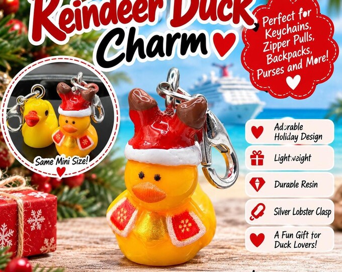Mini Christmas Reindeer Duck Charm with Lobster Clasp, Holiday Zipper Pull, Cruise Gift