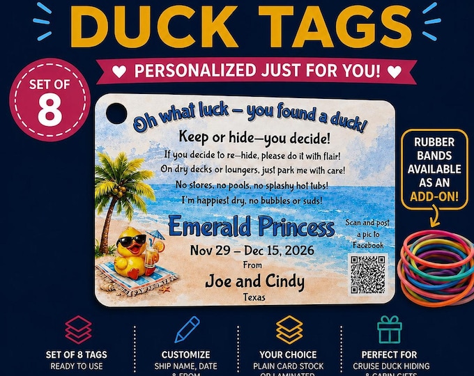 Cruise Duck Tag Set of 8, Customized Tags for Hiding and Cabin Gifts