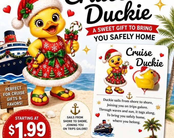 Christmas Cruise Duckie with Santa Hat Charm Card, Cabin Gift Exchange, Cruise Buddy Keepsake