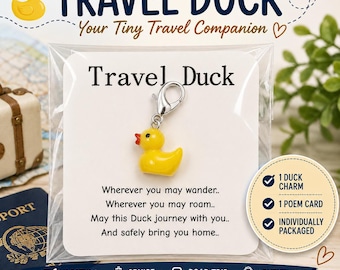 Yellow Travel Duck Charm, 3D Resin with Silver-Tone Clasp and Poem Card