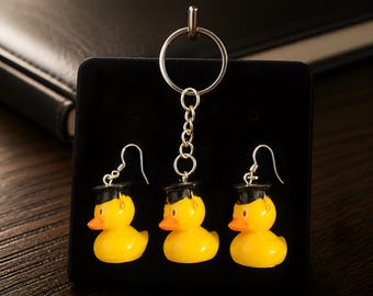 Graduation Duck Earrings & Keychain Set | Yellow Rubber Ducky Jewelry | Cruise Gift
