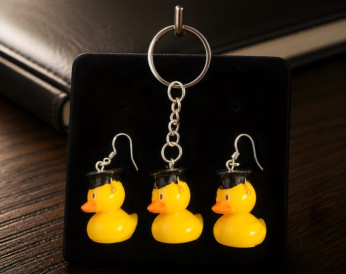 Graduation Duck Earrings & Keychain Set | Yellow Rubber Ducky Jewelry | Cruise Gift