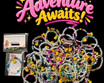 May include: A collection of colourful beaded bracelets featuring small yellow rubber duck charms and letter beads spelling out phrases like Cruising Duck. Two bracelets are individually packaged in clear plastic bags with cards.
