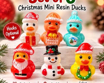 Set of 6 Mini Resin Christmas Ducks, Holiday Charms, Cruise Gifts (Hooks Optional)