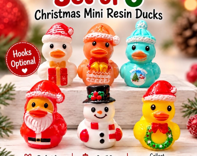 Set of 6 Mini Resin Christmas Ducks, Holiday Charms, Cruise Gifts (Hooks Optional)