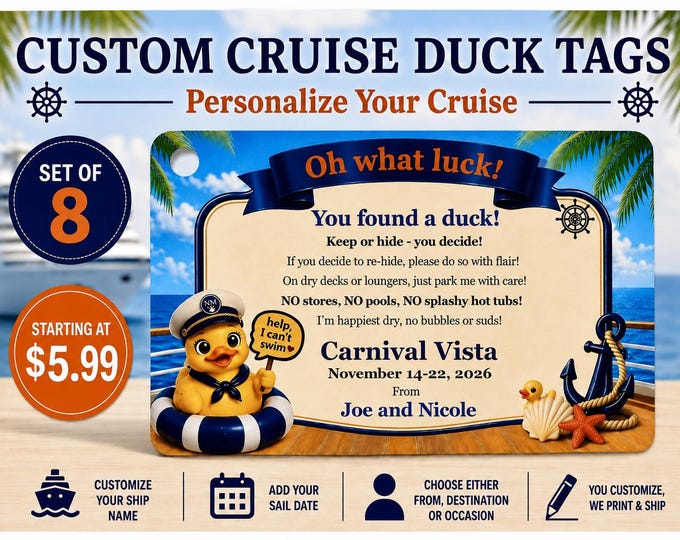 Personalized Cruise Duck Tags, Set of 8, Cardstock or Laminated (Customizable)
