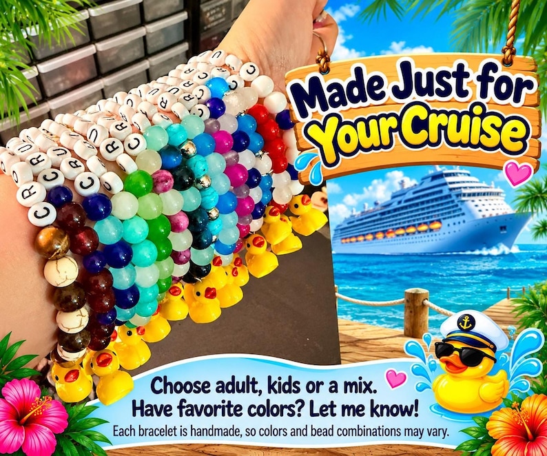 A wrist wearing a stacked collection of colorful handmade beaded cruise bracelets with tiny yellow duck charms.