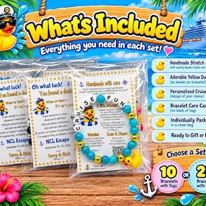 Three packaged cruise duck bracelets displayed next to an unpacked blue and white bracelet featuring a yellow duck charm.