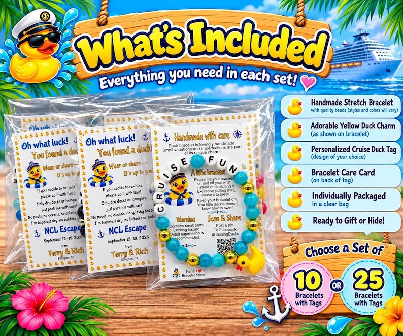 Three packaged cruise duck bracelets displayed next to an unpacked blue and white bracelet featuring a yellow duck charm.