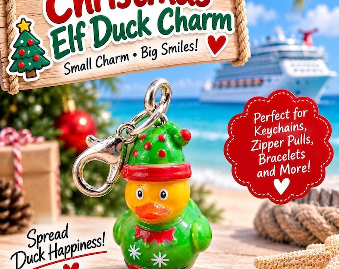 Mini Christmas Elf Duck Charm with Lobster Clasp, Holiday Zipper Pull, Cruise Gift