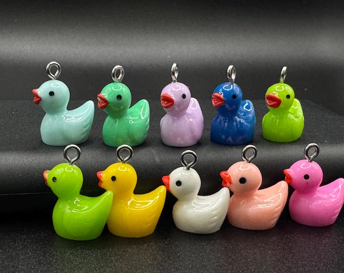 Set of 10 Colorful Mini Resin Duck Charms, Eye Hooks optional, DIY Crafts