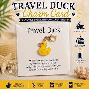 Travel Duck Charm Card – Yellow Rubber Duck Keychain with Poem (Gift)