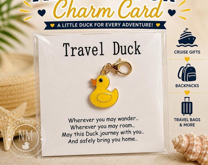 Travel Duck Charm Card – Yellow Rubber Duck Keychain with Poem (Gift)